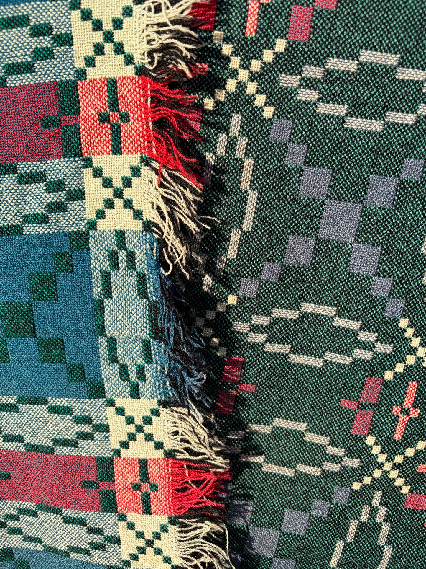 HEN BLANCED WLÂN CYMRAEG GWYRDD / vintage green wool Welsh tapestry blanket / throw