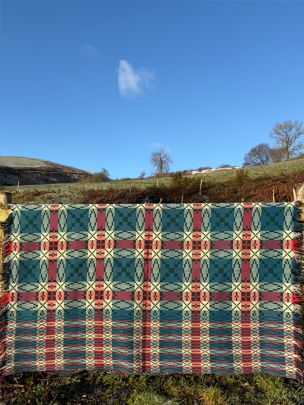 HEN BLANCED WLÂN CYMRAEG GWYRDD / vintage green wool Welsh tapestry blanket / throw