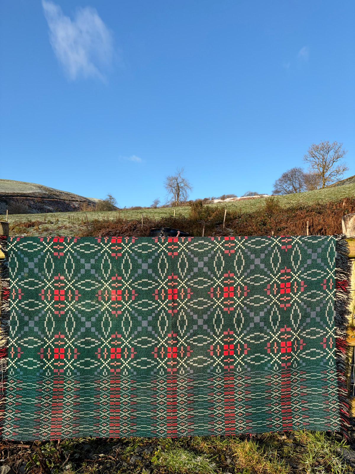 HEN BLANCED WLÂN CYMRAEG GWYRDD / vintage green wool Welsh tapestry blanket / throw