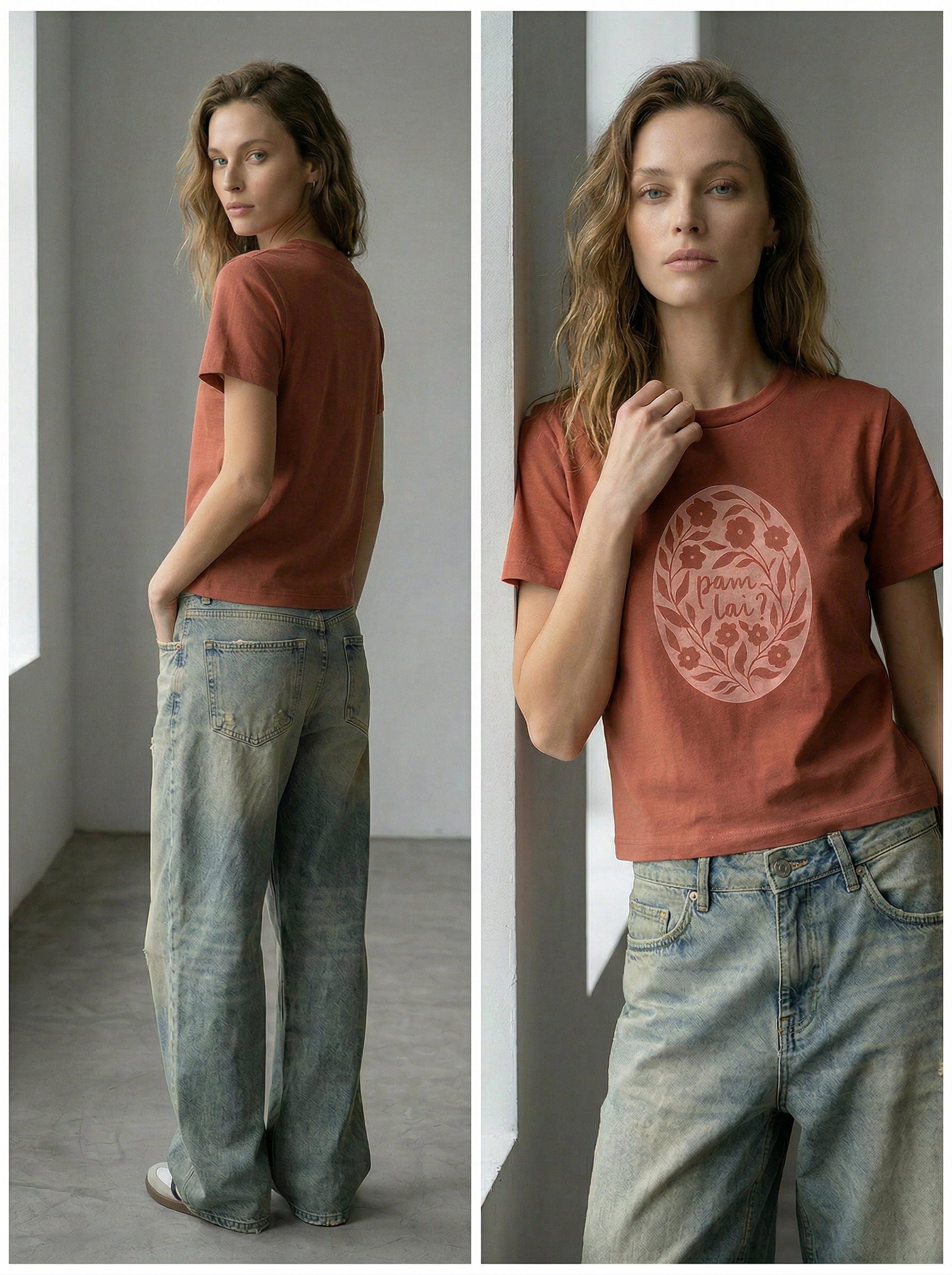 Woman wearing a Wales t-shirt with a floral design and text, standing against a neutral background.